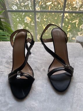 Adrienne Vittadini Black Zipper Detail Open-Toe Ankle Strap Heels